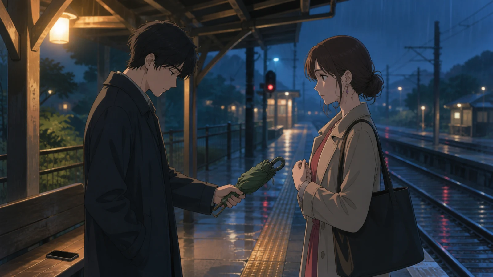Two characters let an umbrella, a pause, and their distance carry the real apology.