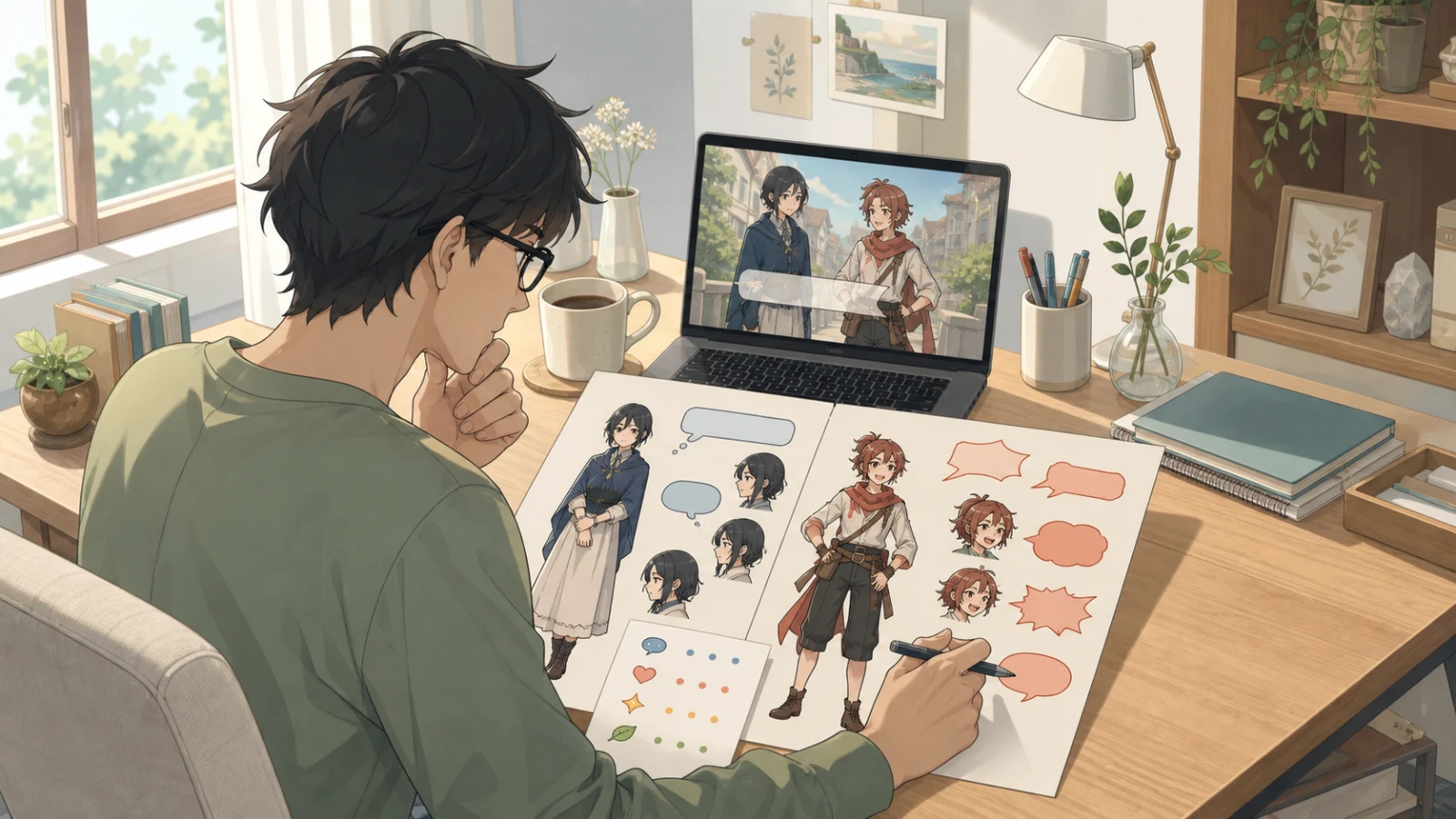 A writer compares two distinct character voices inside one playable conversation.