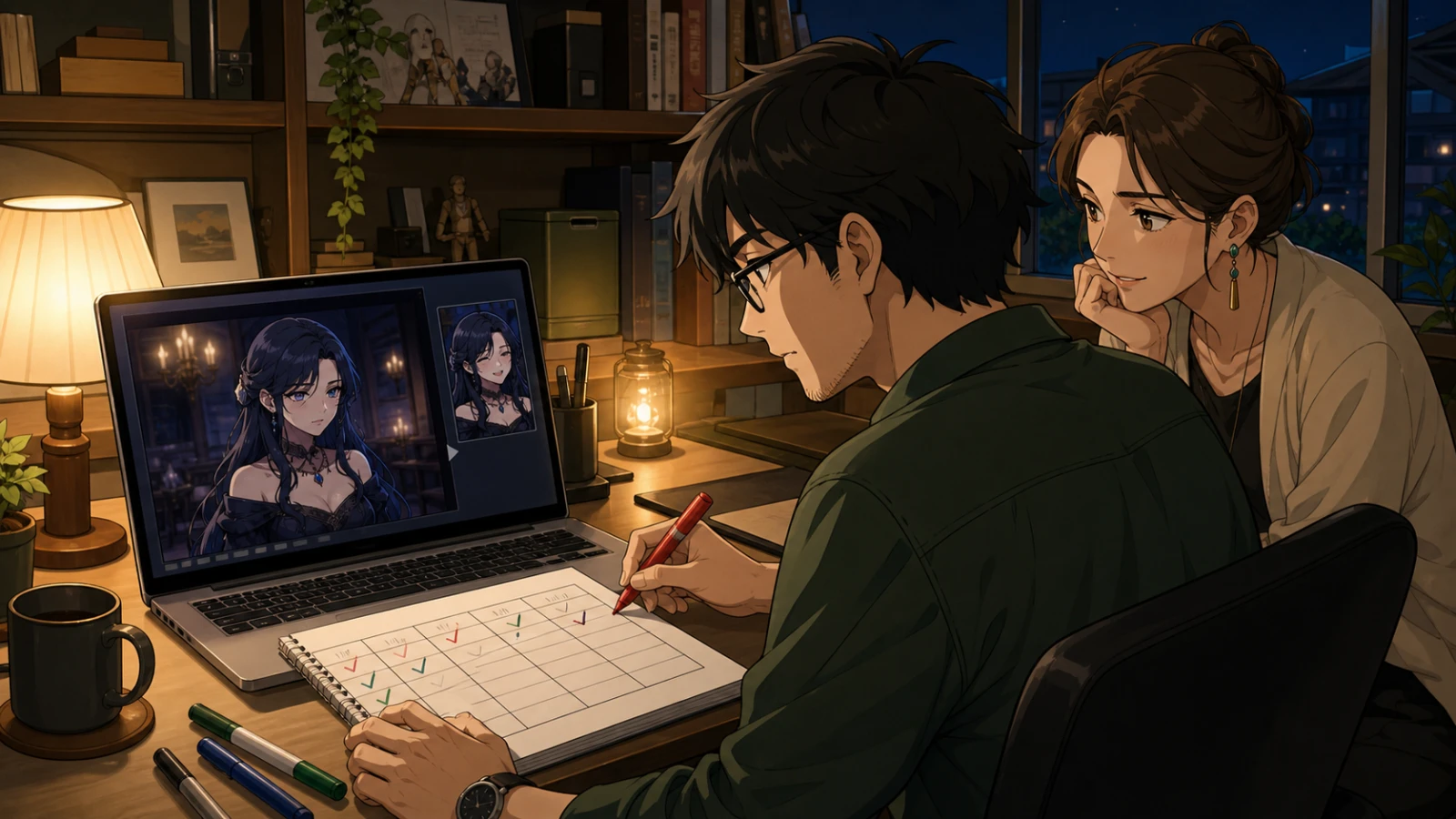A creator replays the same later scene twice to confirm the story remembered.
