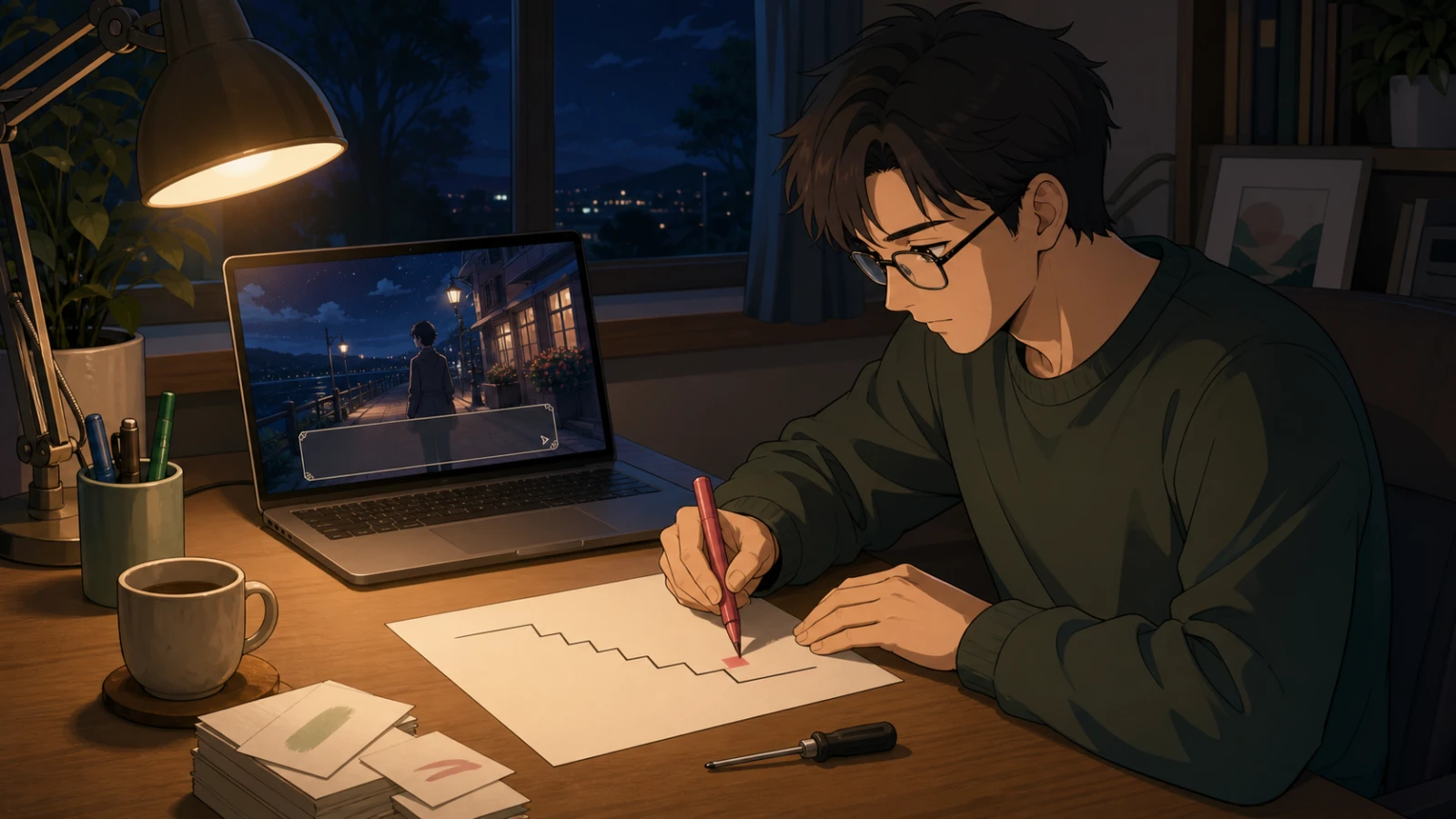 A creator marking one step on a drop-off curve at night