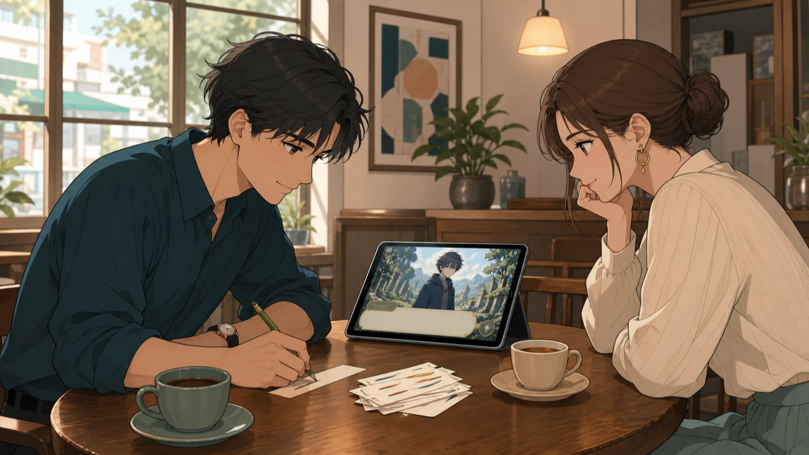 Two people reading a scene through together at a café table