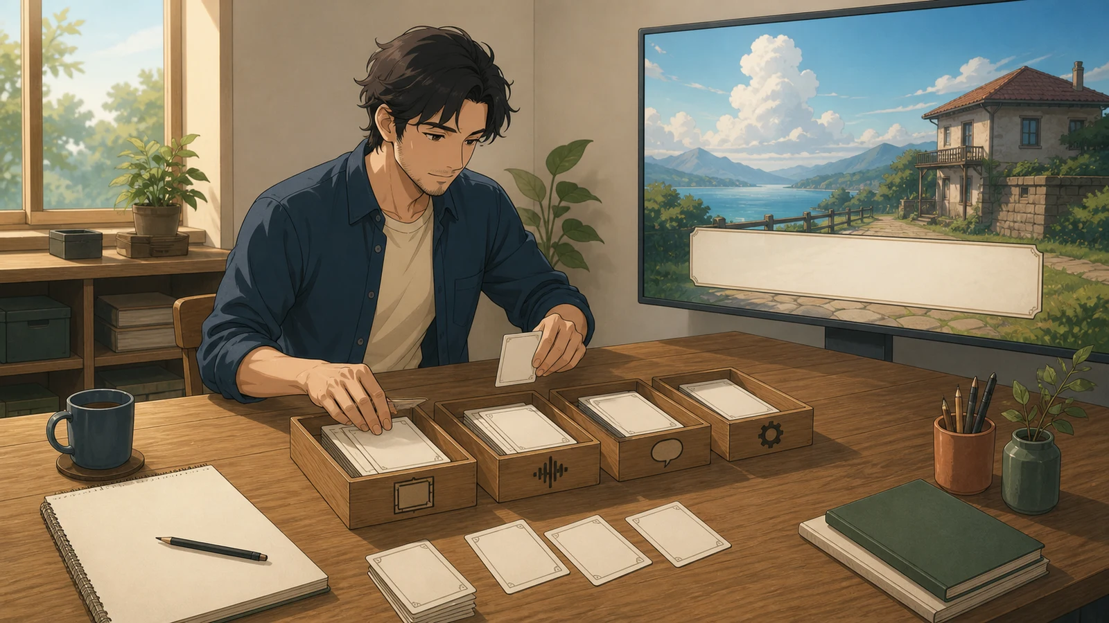 A creator sorts final visual-novel materials into an origin inventory