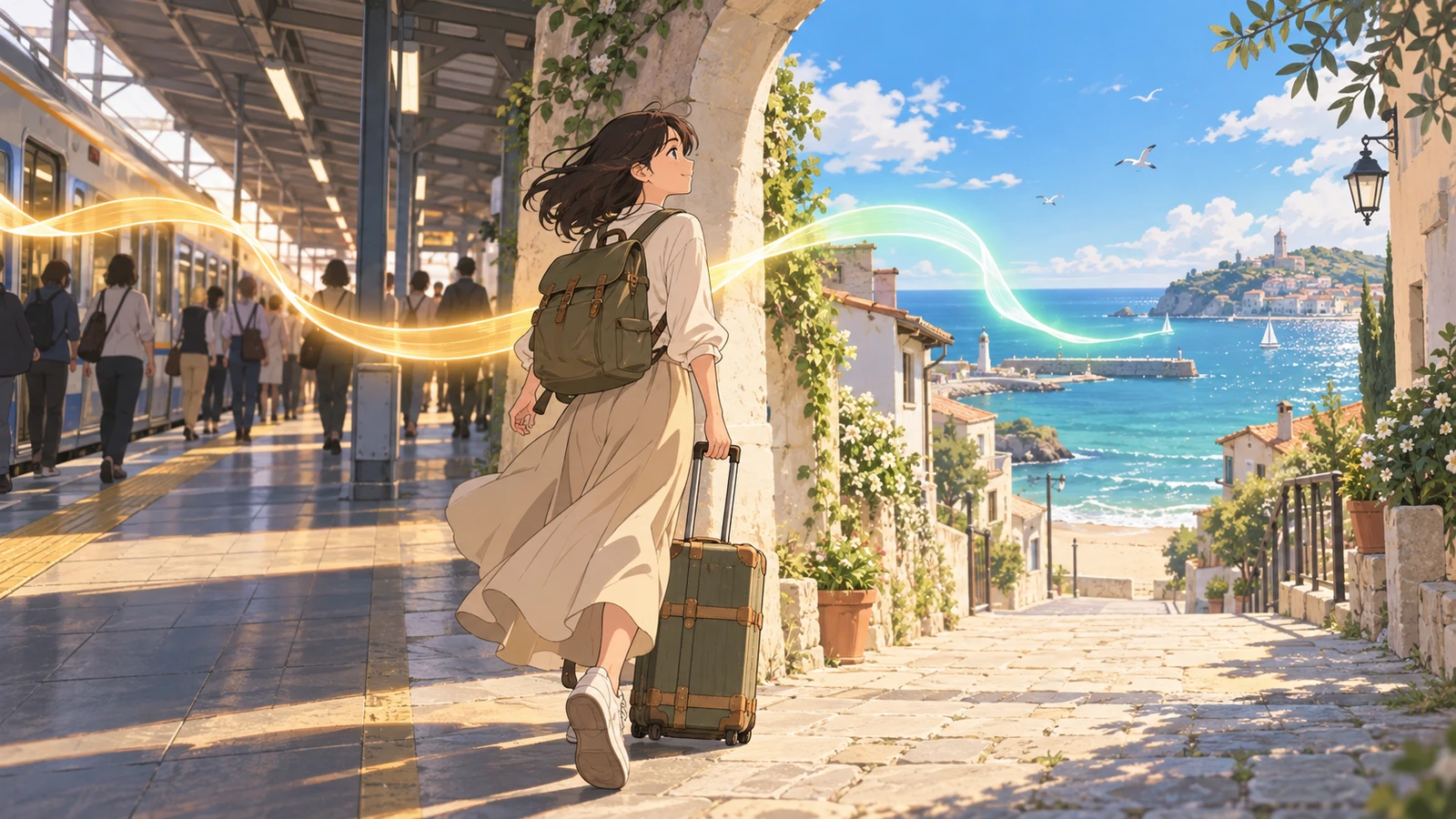 A traveler steps from a busy platform into a seaside town while one ribbon of music follows and changes color