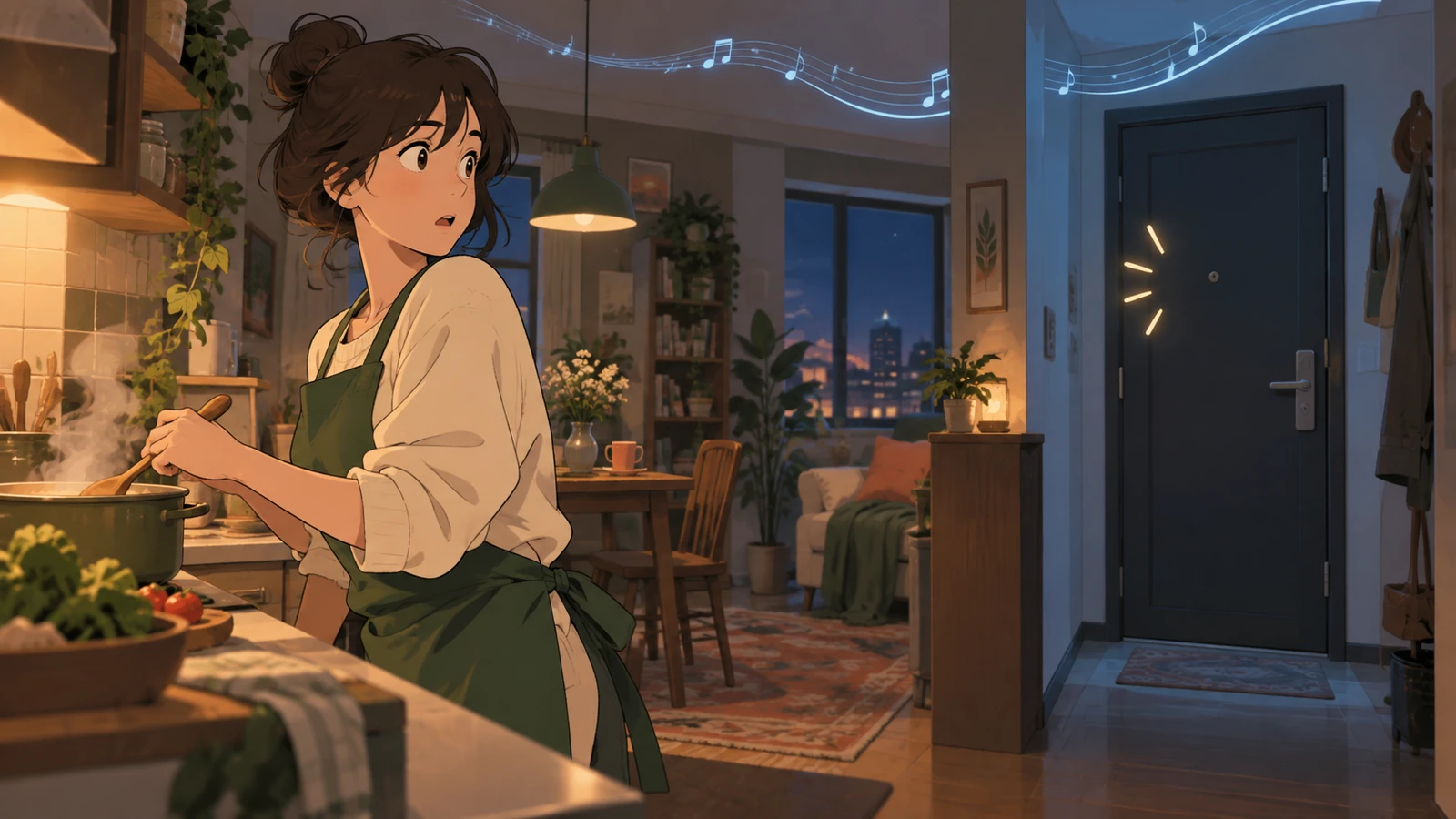 A character in a warm kitchen turns toward the door as a knock ripples from it while the background music keeps playing