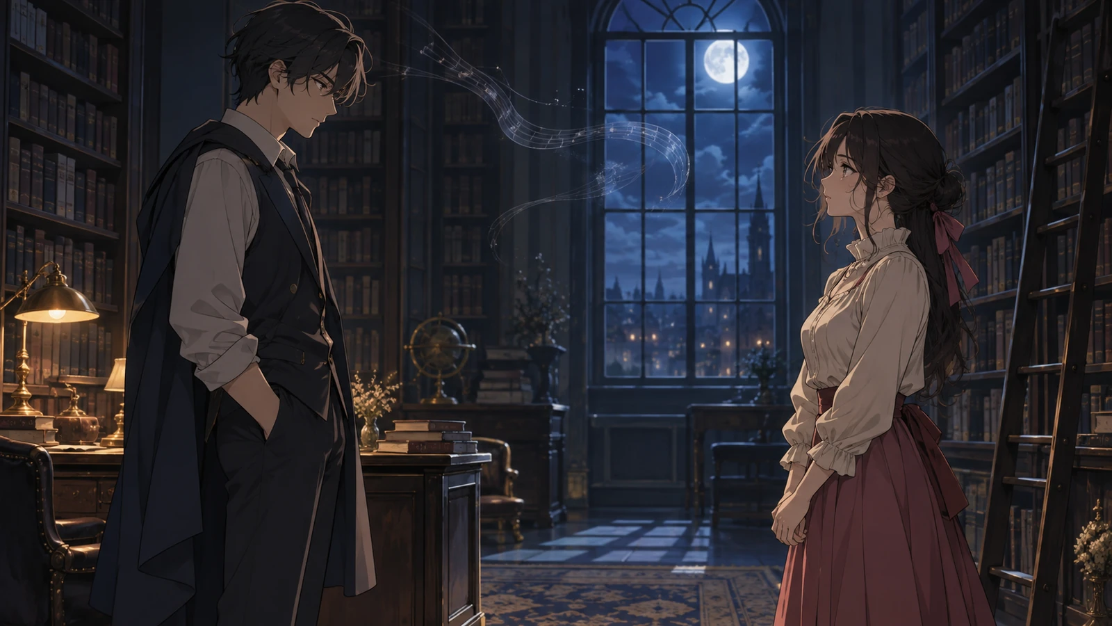 Two characters stand still in a moonlit library as the music fades into an intentional hush