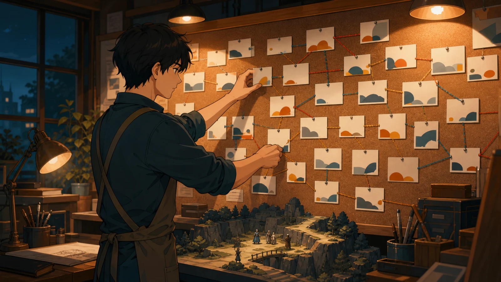 A creator connecting each blank scene card by hand