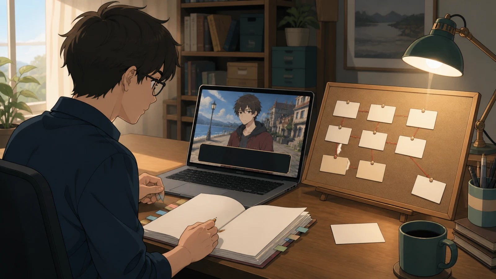 A creator comparing a playable scene, route board, and source manuscript