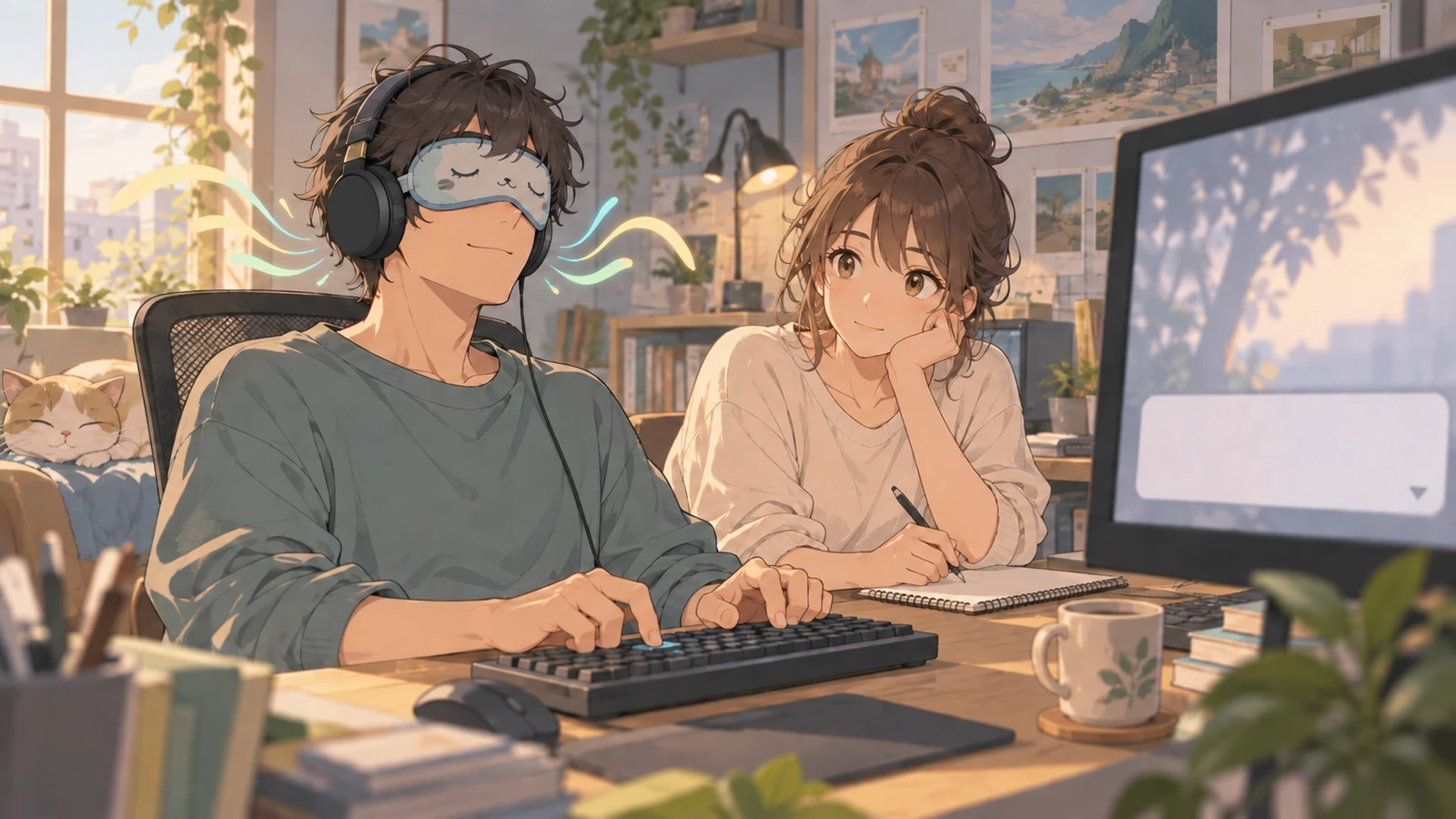 Two creators testing a scene with eyes closed and speech narration