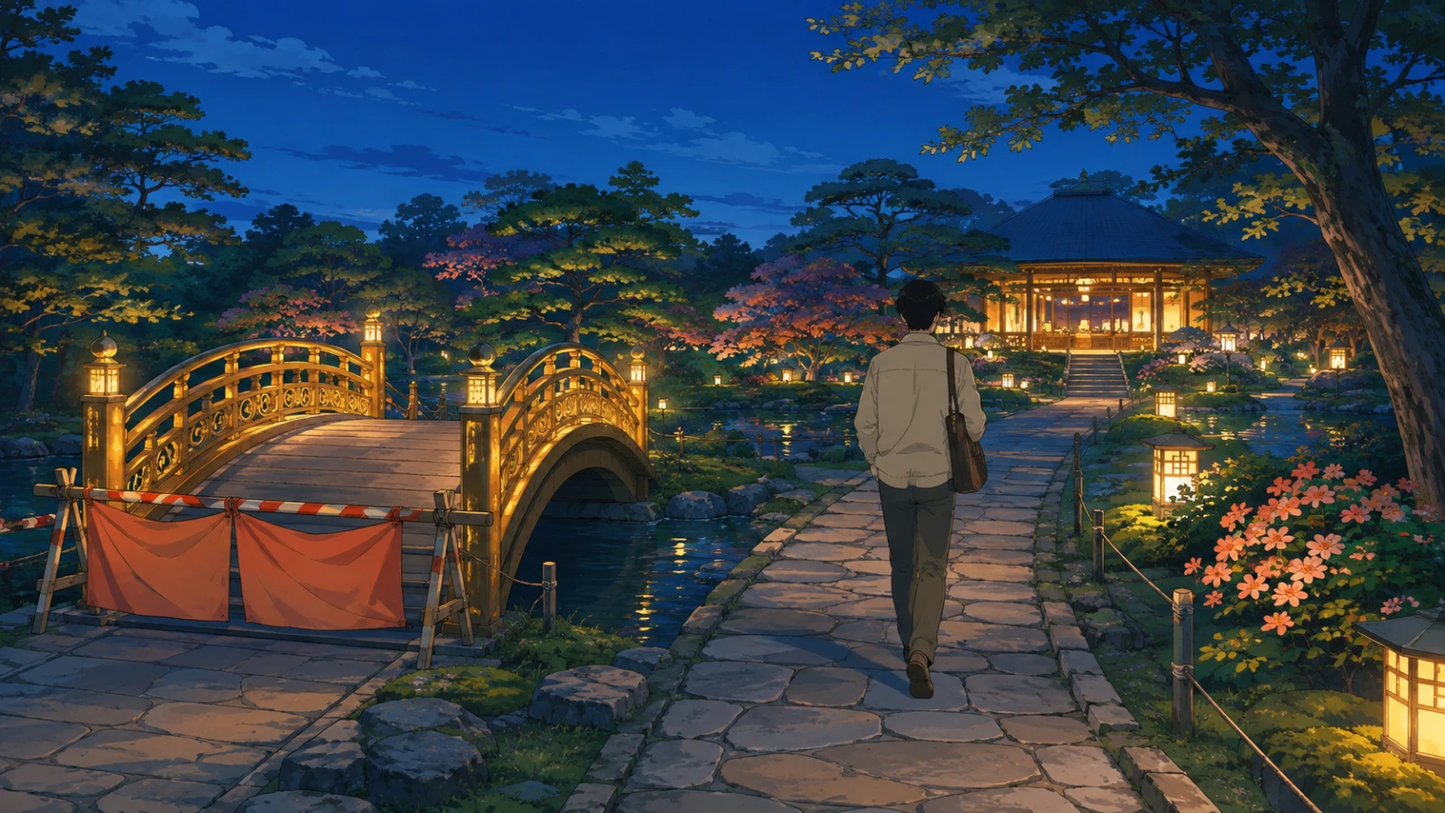 An open simple path carrying the reader past a closed ornate bridge