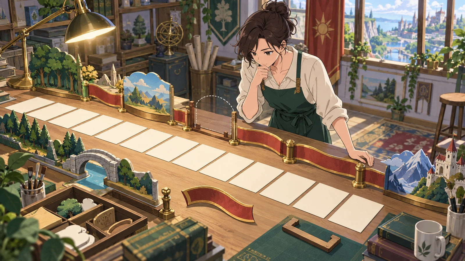 A creator inspects structural pieces before allowing the story stage to run