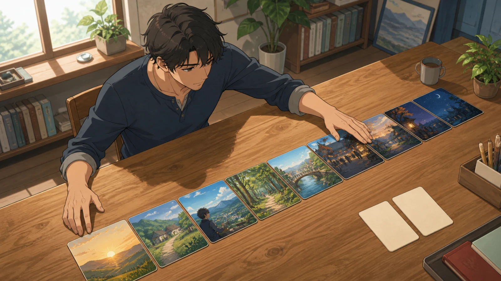A creator arranging one complete sequence of scene cards