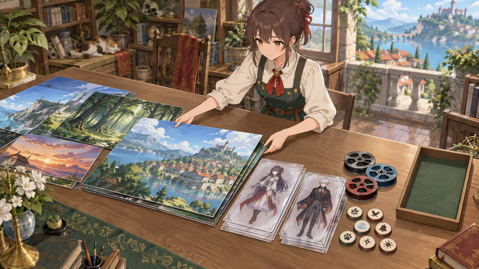 A creator arranges backgrounds, character sheets, music, and sound pieces by size