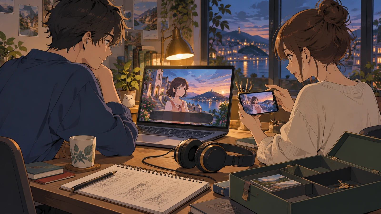Two creators test the compact project on a laptop and a phone while keeping room for revisions
