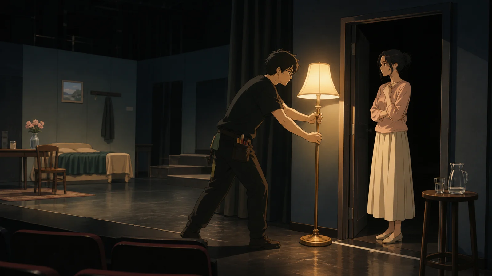 A focused rehearsal beginning beside a late-stage doorway