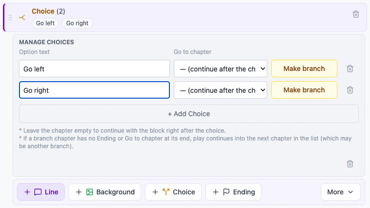 Choice details: option text, Go to chapter, and the [Make branch] button