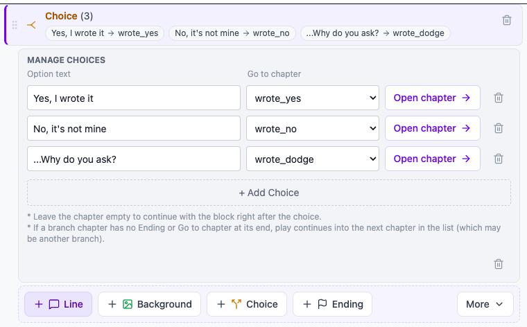 An option row with its destination set and the Open chapter button