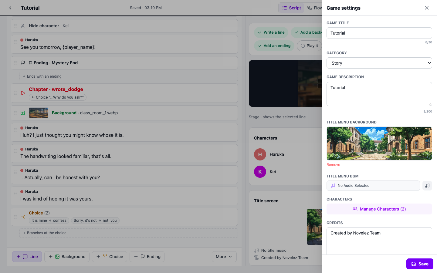 The Game settings panel with title, category, and description at the top